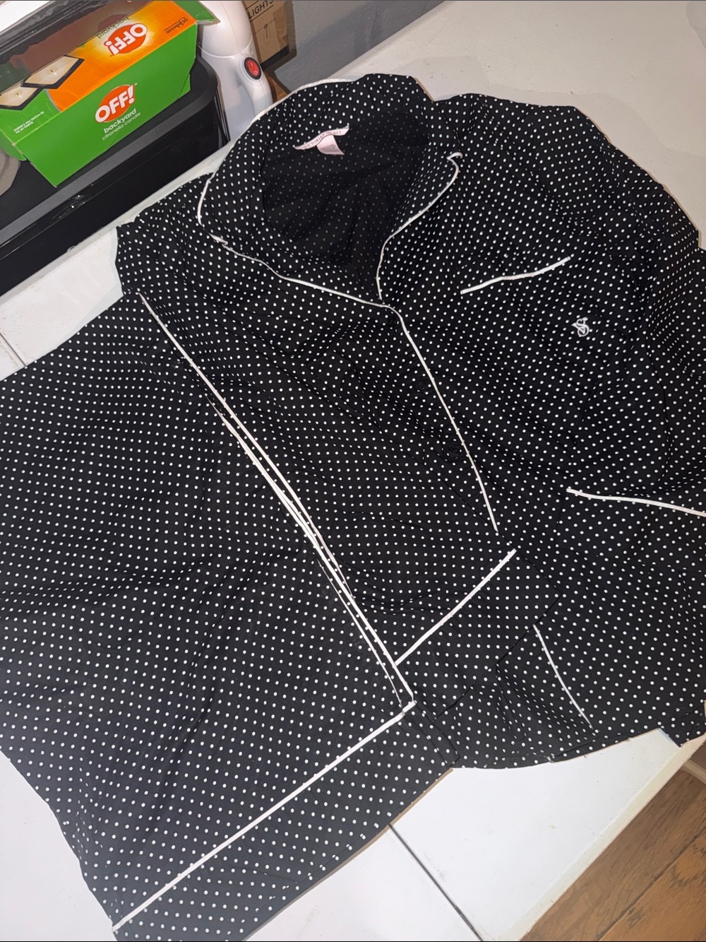 Victoria's Secret Black Polka Dot Pajama Top with White Piping
